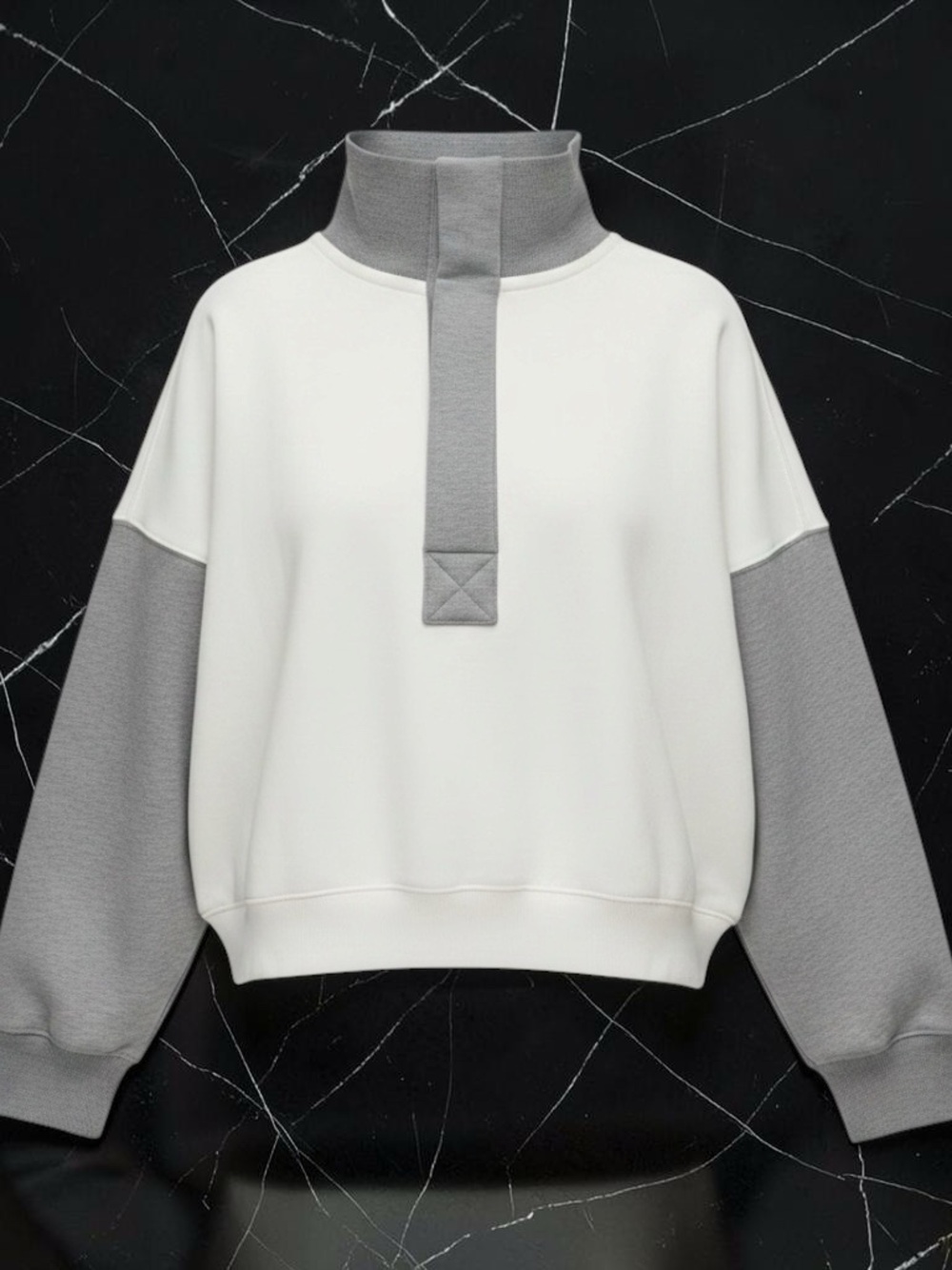 Free People White Pullover with Gray Funnel Neck & Sleeve Panels